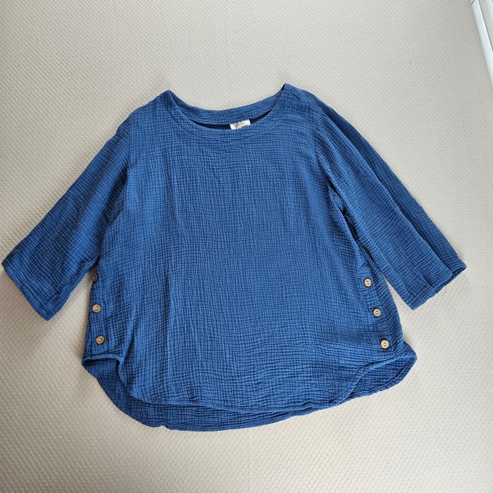Toofan Blue 100% Cotton Gauze Roll Tab Sleeve Button Side Blouse Top L Lagenlook